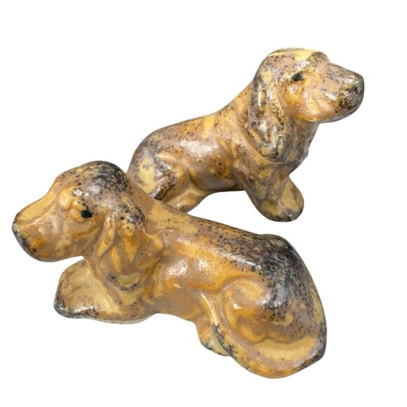 OMC Otagiri Stoneware Pottery Brown Speckled Dog Hound Dogs Set 2 Small Figure - Picture 1 of 9